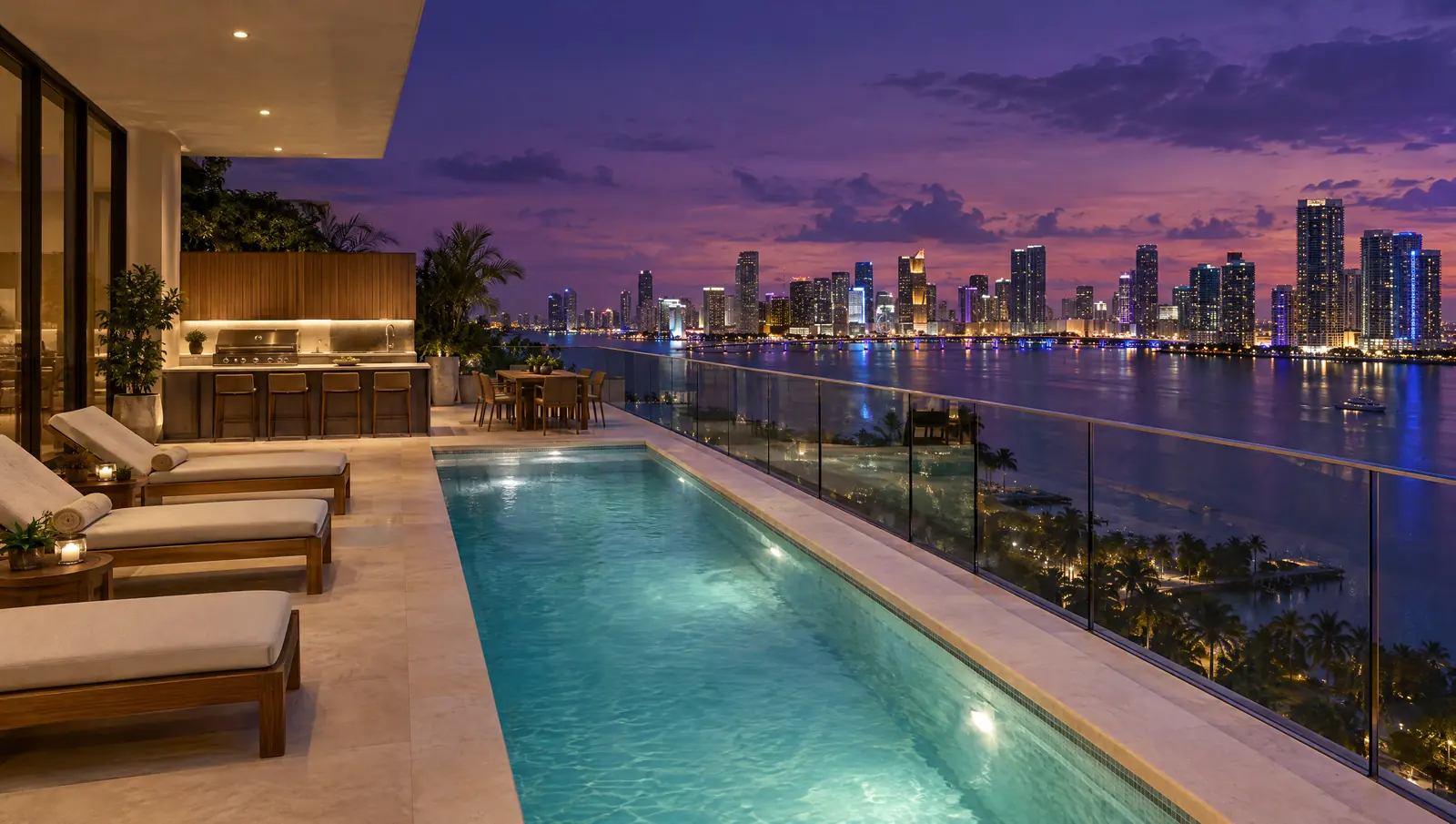A penthouse terrace at dusk with a long plunge pool, teak loungers and the city skyline glowing across the water