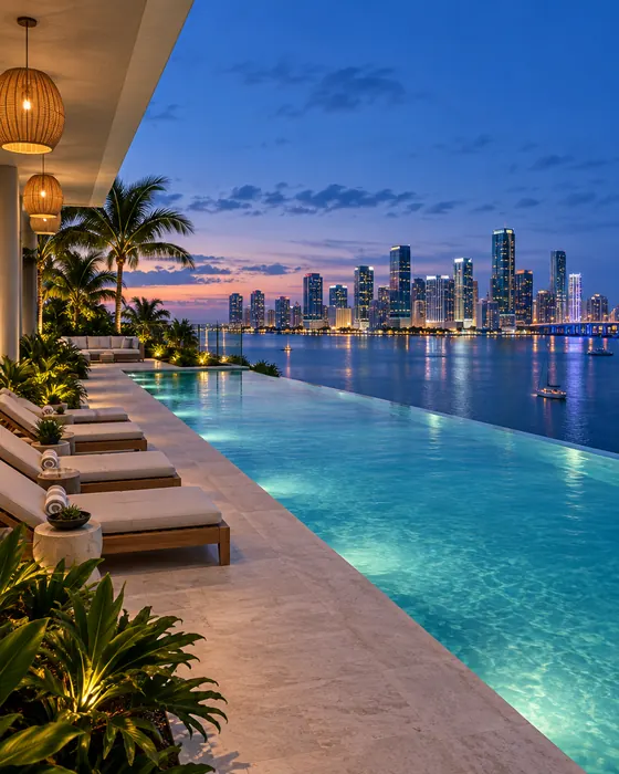 A long rooftop pool with teak loungers at blue hour, facing the glowing downtown skyline across the bay