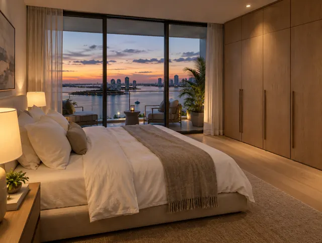 A primary bedroom with sliding glass doors to a terrace and a bay view at dusk