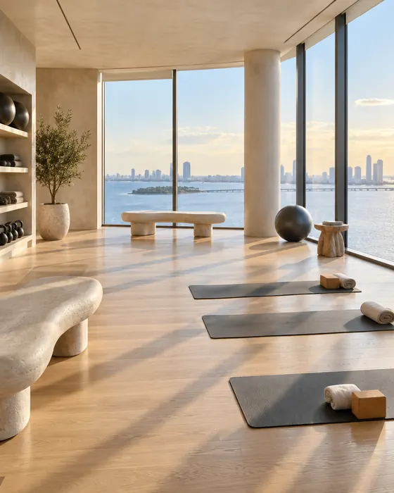 A light-filled wellness studio with oak floors and floor-to-ceiling windows over the bay