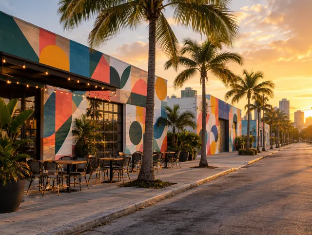 A Wynwood street of converted low warehouses with abstract painted walls, a sidewalk cafe and palms at golden hour