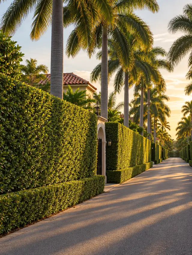 A quiet lane on Palm Beach island between tall clipped hedges and royal palms in late light
