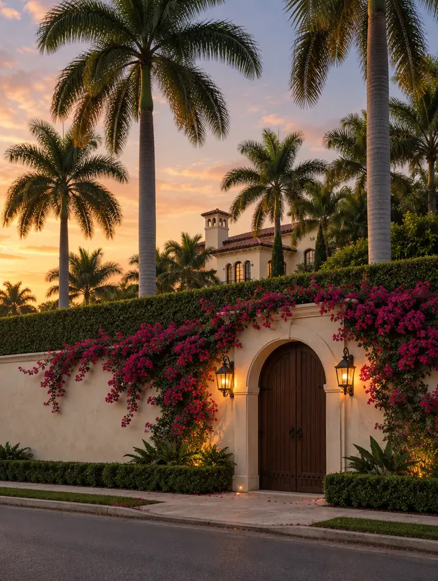 A cream stucco estate wall with an arched wooden gate, bougainvillea and tall royal palms at dusk