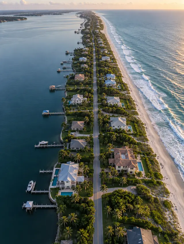 An aerial view of a narrow barrier island at sunrise, the Atlantic on one side, the Intracoastal on the other, and estates with docks along both