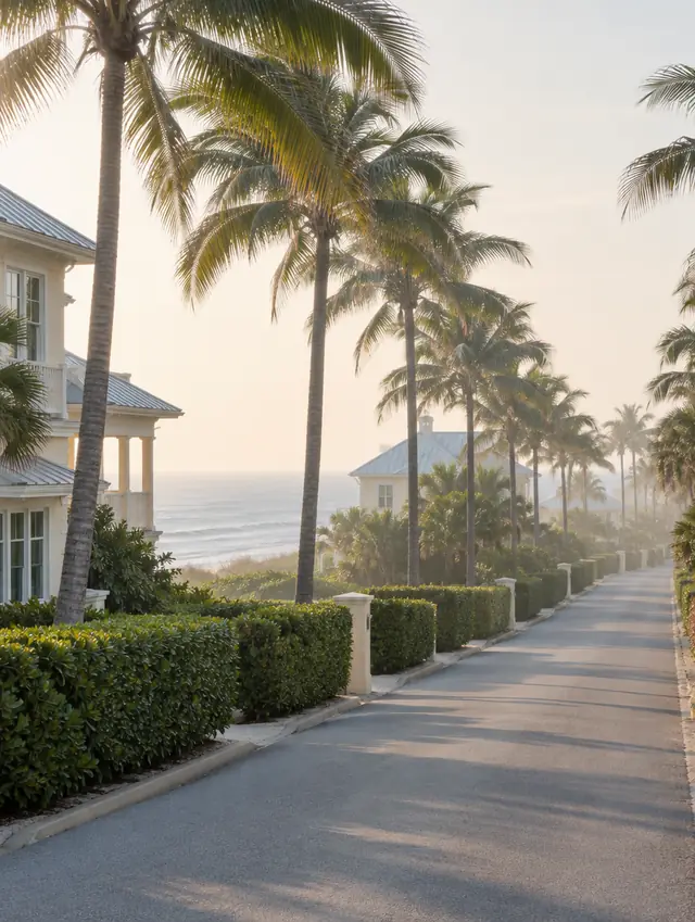 A palm-lined coastal road in early morning haze, low hedges and cream houses with the ocean glimpsed between them