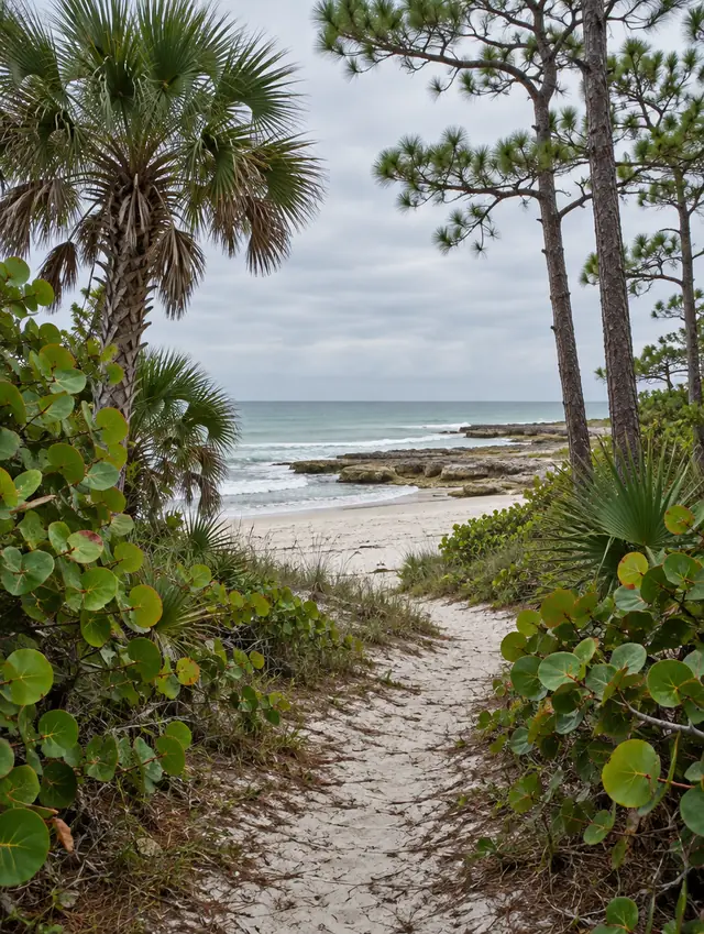A sandy path through sea grape, sabal palms and slash pines to an empty beach with a low rocky shoreline