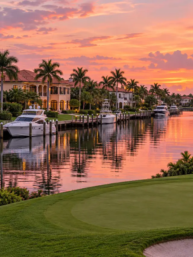 An Intracoastal canal at evening with private docks, moored boats, Mediterranean-style homes and the edge of a golf green