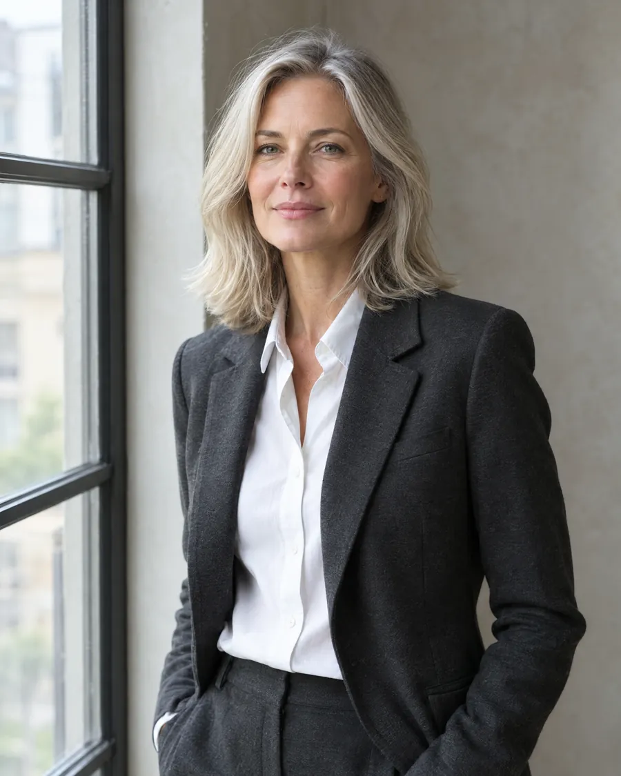 Your Vesper advisor in a charcoal jacket and white shirt, beside a tall window