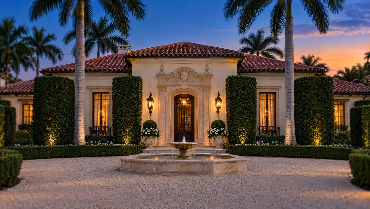 A Mediterranean Revival villa at twilight seen from its gravel forecourt, with a carved stone doorway, a low fountain, clipped hedges and warm lanterns