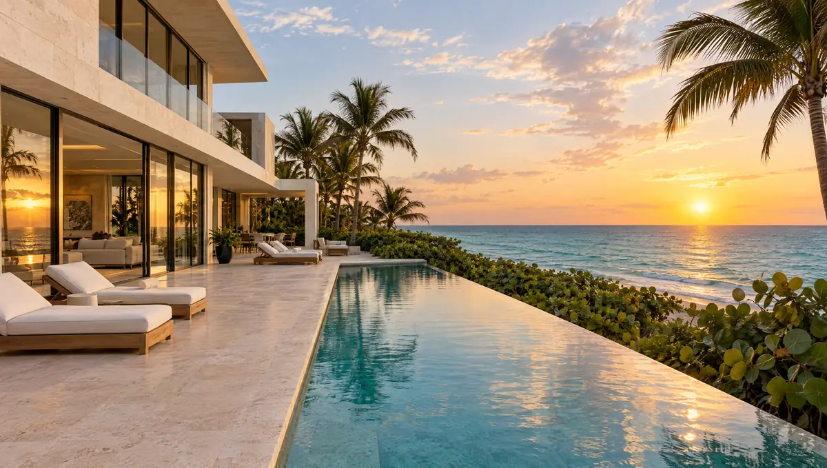 A modern oceanfront house of pale limestone and glass at golden hour, a long pool reflecting the sky and the sea beyond