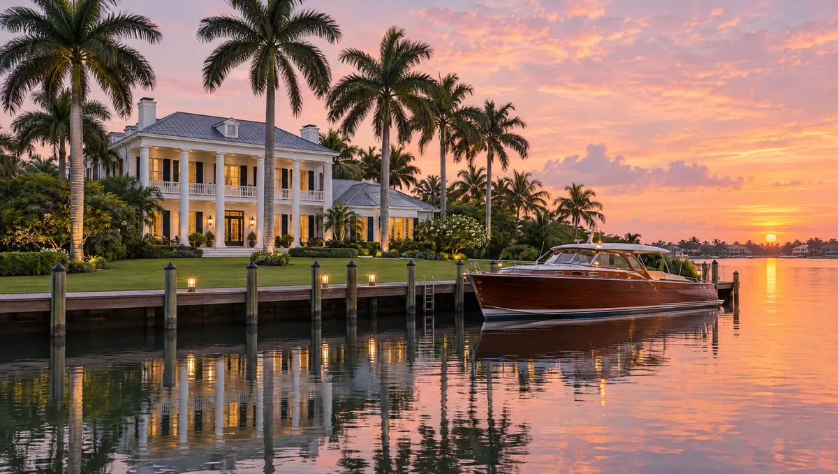 A white colonnaded house behind a green lawn and royal palms, a long dock with a wooden motor yacht on calm water under a pink sunset
