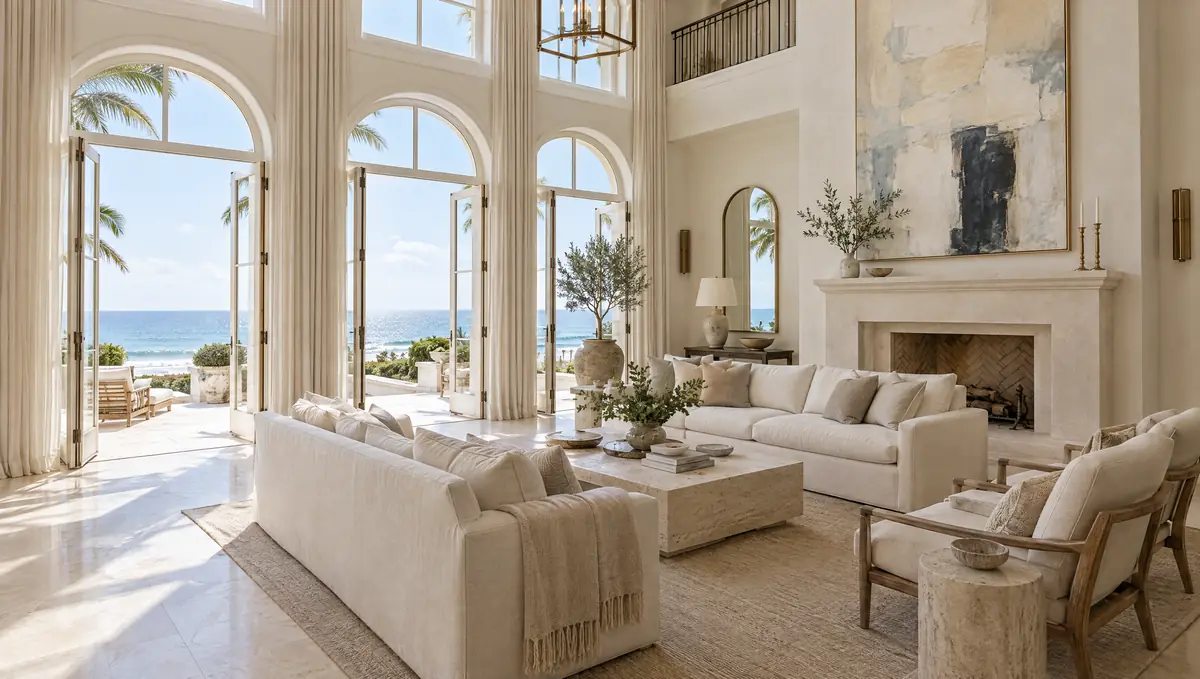 A double-height living room in soft morning light, arched glass doors open to a terrace and the sea, warm-white sofas and a plaster fireplace